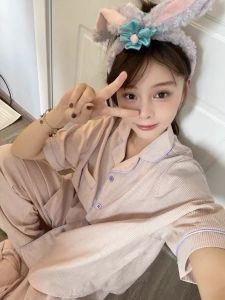 Bộ Đồ Ngủ Sọc Tay Ngắn Quần Dài Mùa Xuân Thu Cho Nữ Bộ Đồ Ngủ Cotton Pha Trộn Giản Dị Thoải Mái Mặc Ở Nhà