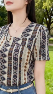 FunnyeS Boho Blouse Tribal Print Split Front Summer/Spring Blouse for Women 2968