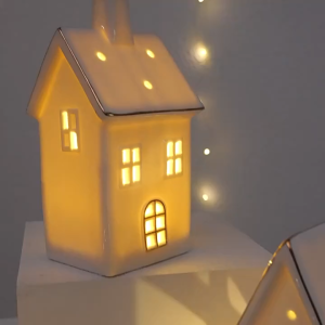 Simple ceramic hollow house LED light handicraft new European decorative piece creative Christmas decoration item