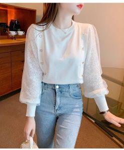 Slimming Lace Splice Knitted Base Shirt round Neck Womens Inner Wear Spring 2024 Fashionable Small Shirt Korean Style Long Sleeve