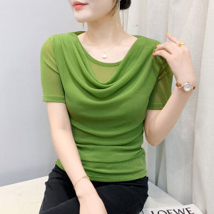 YIMEI เสื้อยืดแขนสั้นผ้าตาข่ายคอกลมแฟชั่นสำหรับผู้หญิงเสื้อตาข่ายยางยืดขนาดพิเศษใหม่สำหรับฤดูร้อน2025