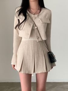 Spring Fashion Set Womens Short Coat Cardigan + High Waist Pleated Mini Skirt Thick Tweed Outerwear V-neck Long Sleeve