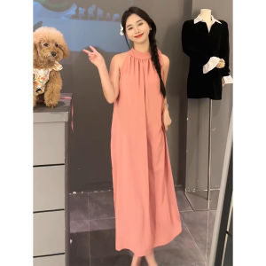 Hebe Style Black Hanging Neck Dress Womens Summer New Soft French Tea Break Gown Elegant Gentle Long Skirt Casual A-Line