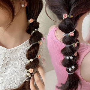 2PCS Sweet Rose Bubble Braid Headband Rose Bead Telephone Line Headband Pearl Ponytail Hair Loop High Elasticity Headwear for Girl