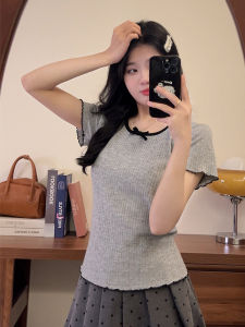 Sweet And Spicy Grey Knitted Short Sleeve T-Shirt Womens Slim Fit round Neck Short Length Summer Top Chinese Production