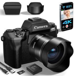 Digital Camera for Photography 4K 64MP WiFi Vlogging Camera with Flash Lens Hood Front and Rear Camera 4 Inch Touch Screen