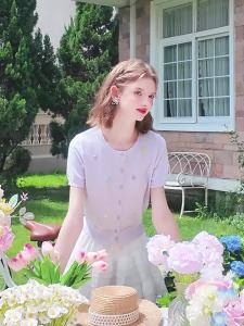 HEYINI | Áo Blouse Knit Mỏng Màu Tím Ngắn Đáng Yêu