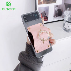 FLOVEME Luxury PU Leather Ring Phone Case For Samsung Galaxy Z Flip 4 Flip 3 Transparent Folding TPU hockproof Hard Back Cover For Galaxy Z Flip 4 Flip 3