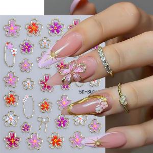 1Pcs 5D Embossed Gold Frame Flower Nail Stickers Pink Red Florals Self Adhesive Nails Decals Spring Five-Petals Manicure Sliders