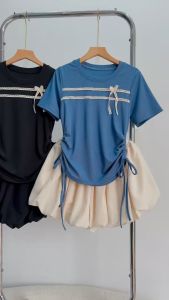 Set áo váy bigsize nữ Áo tay ngắn phối ren viền nơ rút dây kèm chân váy bí xòe dễ thương - SET841