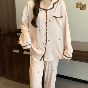Korean Soft Cotton Womens Paw Print Casual Pajama Set with Side Pockets Loose Breathable Loungewear.