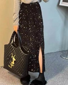 Sequins Back Slit Mid-Length Skirt