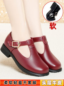 รองเท้าส้นแบนหนังแท้สวมใส่สบายสำหรับผู้หญิง ทรงหัวมน สไตล์ลำลอง หัวเข็มขัดสีแดง ส้นเตี้ย ทรงหัวมน สำหรับผู้หญิงวัยกลางคนและผู้สูงอายุ