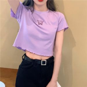 Personalized Class Uniform High Waist Crop Top Short Sleeve T-Shirt Women Slimming Versatile Butterfly Embroidery Female T-Shirt