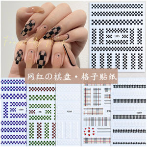 Nail Art Internet Hot Chessboard Gingham Sticker Black White Klein Blue Nail Plaid Back Glue Decal Ornament