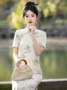 New Chinese Style Bamboo Long Qipao Dress Young Girl Summer Daily Breathable Polyester Fiber Short Sleeve Floral Print Gown