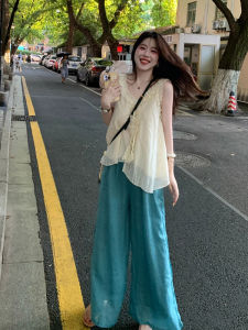 XUECAIQI | Stylish Plus Size V-Neck Sleeveless Top and Wide Leg Pants Set