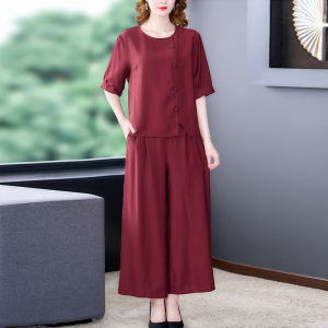Middle-Aged Mom Summer Clothing Cotton and Linen Suit Plus Size Casual Fashionable Stylish Classy Ramie Loose Pants Two-piece Set Women