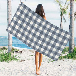 Blue White Plaid Quick Drying Microfiber Beach Towel Lightweight for Swimming Camping Yoga - Bath Towel