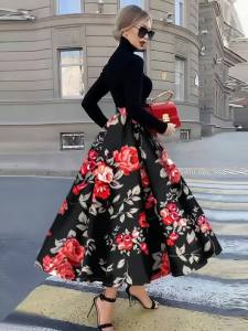 Printed Design Four Seasons Red Roses and Leaves Black Holiday Style Half Skirt