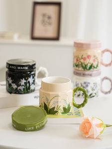 Ceramic Mugs with Lids High Aesthetic Value Home Office Coffee Drinking Cups Birthday Gifts for Women Floral Patterned Cups