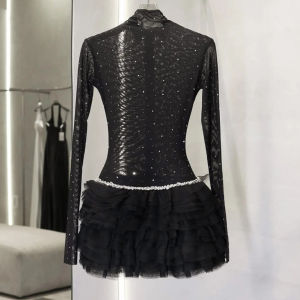 Elegant French Style Sequin Tulle Dress Womens Autumn High-End Feeling Birthday Gown Bell Sleeve Long Sleeve Zipper Closure