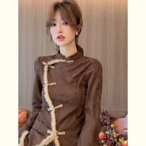 New Chinese Style Fashionable Stylish Raw Edge Patchwork Stand-up Collar Long Sleeves Shirt Womens Fall and Winter New Arrival Slim Looking Slim Fit Versatile Top