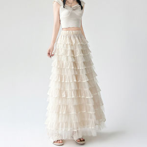 MiiOW | ชุดเดรสยาวปานกลางผ้าตาข่ายสไตล์ฝรั่งเศส MiiOW Cat ฤดูใบไม้ผลิและฤดูร้อน 2025 ดีไซน์หวานๆ พร้อมขอบลูกไม้ กระโปรงทรงเค้ก