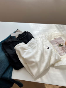 Korean Style Cartoon Cat Embroidery Long Sleeve round Neck Loose Womens T-shirt Student Inner Wear Base Shirt Autumn Season