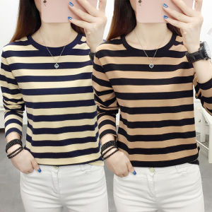 เสื้อยืดคอกลมแขนยาวทรงหลวมสไตล์เกาหลีสำหรับฤดูใบไม้ผลิปี 2024 เสื้อชั้นในผู้หญิงเสื้อชั้นในแบบลำลองเส้นใยโพลีเอสเตอร์ผสมคอตตอน