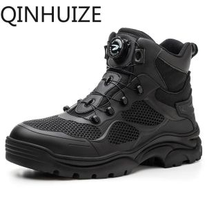QINHUIZE 2023 black safety shoes with swivel buckles Mens steel toe work shoes New lightweight puncture proof job security shoes