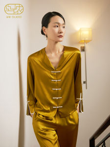 Elegant Chinese Style Silk Pajamas Womens Long Sleeve Sleepwear Home Clothes Set with Button Detailing Autumn Winter Leisure