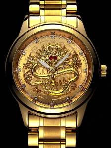 China Shipping [2025] New Fen Zun Embossed Gold Dragon Watch for Men Waterproof Non-Mechanical Watch with Diamonds and Red Rubies Fashionable Dragon Face for Middle-Aged and Elderly 317