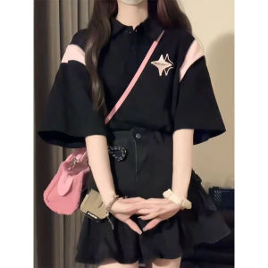 Retro American Color Block Short Sleeve T-Shirt for Women Loose Fit Oversize Design Unique Polo Collar Half Sleeve Top