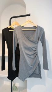 MODAMYTH D01 - Dress Lengan Panjang Wanita Bodycon Dress Mini Polos Serut Dress Atasan Casual Atasan Perempuan Premium