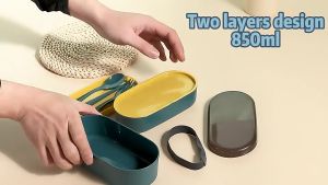 Eatkit 3in1 Kotak Makan Set Lunch Box Kotak Makan 700ml 2 Layers & Cangkir Soup Wheatstraw Anti Panas