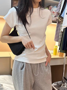 Áo Thun Cotton Màu Trắng Cho Nữ Mùa Xuân Hè Phong Cách Mới Dáng Ôm Tay Ngắn Cổ Tròn in Chữ Phong Cách Hàn Quốc