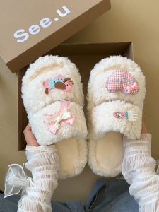 Cute Thick Sole Fluffy Slippers Female 2024 New Arrival Fall and Winter Outer Wear Height Increasing Non-Slip Young Adult Heart Lamb Wool Cotton Slippers