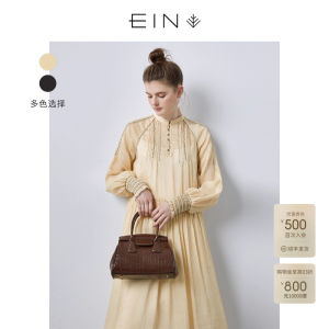 EIN Elegant High Waist Silk Linen Dress Womens Spring New Style French Vintage Courtly Feel A-Line Skirt Long Sleeve Dress