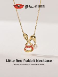 Cute Red Rabbit White Round Freshwater Pearl Pendant 5-6mm S925 Silver