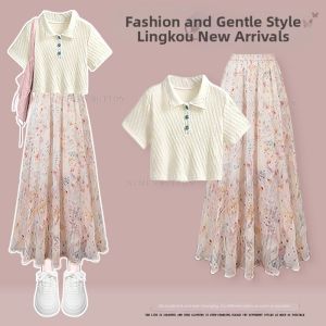 NUMEN BUTTON | Large Size Summer Sweet Simple Slim Knit Sleeve and Flower Skirt Set