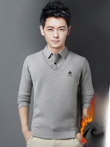 ROMON | Lomond Mens Knitted Fleece Lined Slim Fit Thickened Warm Shirt Collar Sweater Autumn Winter New Style Fashion Urban Casual Polyester Blend Long Sleeve