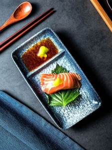 Elegant Ceramic Dish Rectangular Japanese Style Small Course Plate Dipping Sauce Dish Vinegar Dish Handmade Striped Pattern