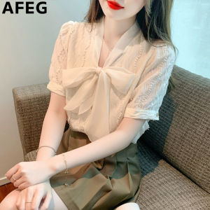AFEG solid color Korean version V-neck bow fashion loose temperament chiffon short-sleeved blouse for women