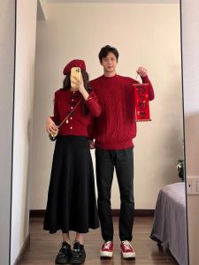 Couples Red Knitted Sweater And Skirt Set Slimming Autumn Winter Fashion Commute Style Double Breasted V Neck Knitwear Set