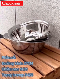 Bộ thau rổ inox Chockmen duc rổ inox cao cấp rổ inox 304 liền khối 2 tay cầm lỗ nhỏ vo gạo rổ rau củ quả trái cây chậu