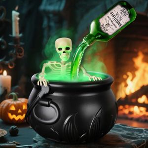 Halloween WitchCauldron with LED Light & Fog Mist Maker Skeleton Decor for Spooky Hocus Pocus Party Home Halloween Party