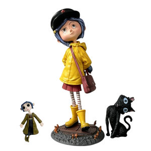 Bandai | Halloween Coraline Jones Action Figure PVC Doll Yellow Raincoat with Black Cat Themed Collectible Model Toy Horror Movie Gifts