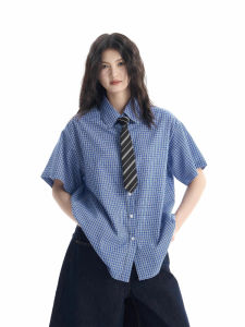 เสื้อเชิ้ตแขนสั้นลายสก็อตสีน้ำเงินสไตล์ย้อนยุคสำหรับฤดูร้อน ทรงหลวม สำหรับผู้ชายและผู้หญิง เสื้อเชิ้ตคอกลมแขนสั้นแบบลำลอง