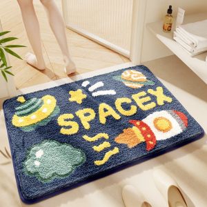 VIKAMA Space Exploration Theme Rug Rocket And Flying Saucer Patterned Plush Absorbent Bath Mat Home Decor